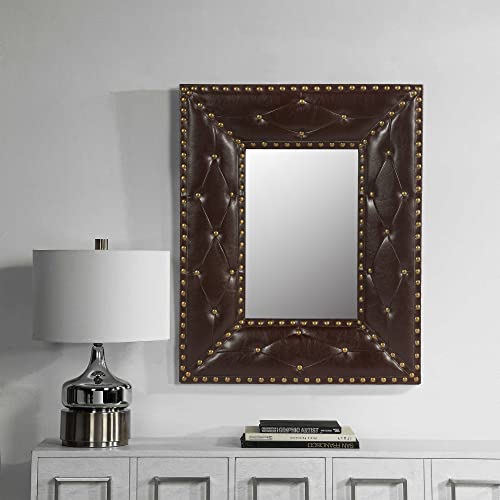 Image of Unique Makeup Mirror Dressing Rectangle Wall Mounted Vanity with Fabric PU Covered MDF Rivet Framed, Rustic Home Decor, Living Room, 21x26inch