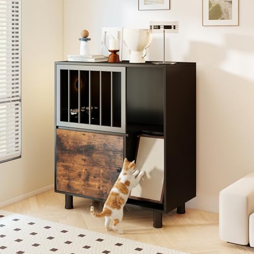 Rovibek Dog Proof Cat Feeding Station Cat Feeding Station with Storage Elevated Cat Feeding Table with Scratching Board Indoor Pet Food Storage Cabinet