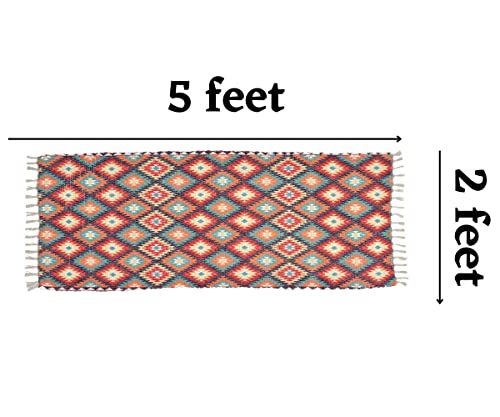 HOMADORN Handmade Sustainable Printed Modern Dhurrie/Rugs/Carpet upcycled from Scrap Fabric for Living Room/Bedside Runner for Enhanced Decor (2x5 feet)