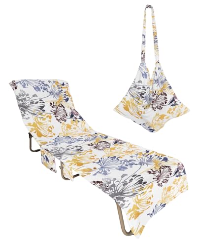 Yellow Blue Brown Flowers Beach Lounge Chair Towel Cover, Soft Chaise Lounge Towel with Side Pockets Patio Pool Chairs Cover for Beach/Pool Sunbathing 29x85 Watercolor Spring Floral Botanical