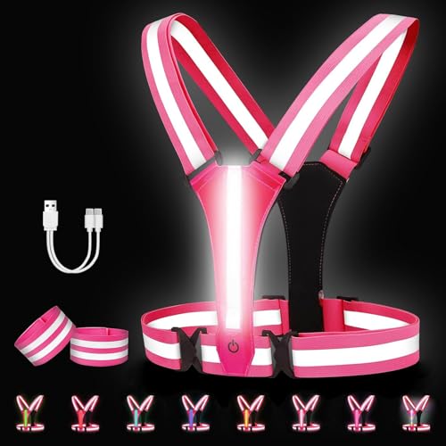 Adiwo 8 Farben LED Sicherheitsweste Wiederaufladbar Reflektierende Warnweste mit 2 Reflektorbündchen Damen Herren Kinder Einstellbar Warnweste Reflektorweste für Fahrrad Motorrad Joggen Rosa
