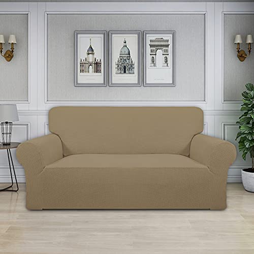 Image of Easy-Going Stretch Oversized Loveseat Slipcover 1-Piece Sofa Cover Furniture Protector Couch Soft with Elastic Bottom for Kids Polyester Spandex Jacquard Fabric Small Checks Tan