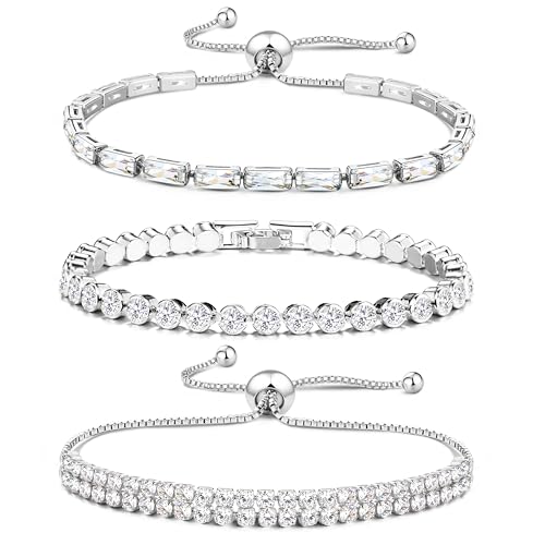 JeweBella 3 Piezas Pulsera Mujer Plata Oro Brillantes Pulsera Tenis Diamantes Circonita Cúbica Pulsera Ajustable Apilada Pulsera Tenis Juego
