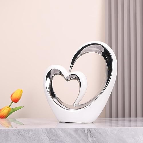 Escultura Doble Corazón de Porcelana Blanca y Plata miniatura 4
