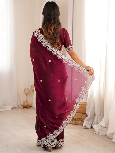 Image of SIRIL Women's Tissue Silk Sequence Embroidery Saree With Unstitched Blouse Piece