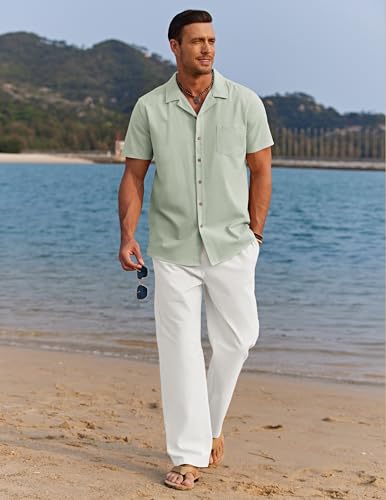 Image of COOFANDY Men 2 Piece Linen Outfit Beach Button Down Shirt Casual Loose Pant Sets