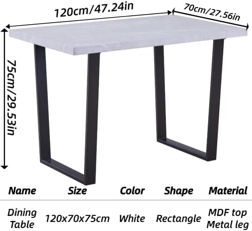 GOLDFAN Dining Table Kitchen Table 120cm Rectangular Wooden Table With Metal Legs For Dining Room Home Office (White Marble)