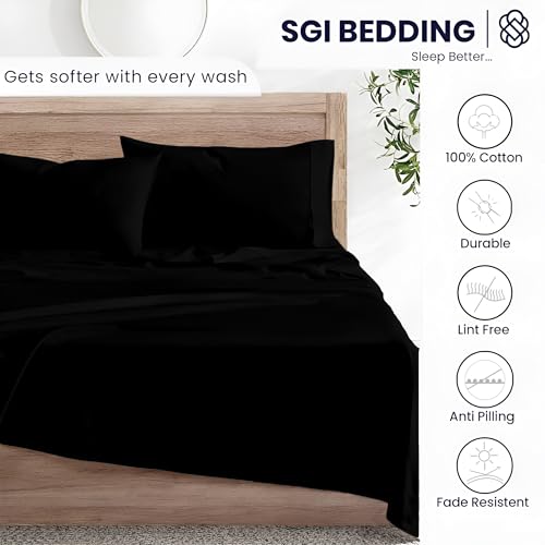 Image of SGI bedding King Bed Sheets Set - Premium 600 TC Egyptian Cotton, Crisp & Cooling Sateen Weave, Extra Soft Hotel Collection, Fits Mattresses Up to 16 Inch Deep, Breathable & Long Lasting - Black