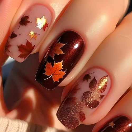 24Pcs Fall Press on Nails Medium Square Autumn Maple Leaf Fake Nails with Glitter Designs Thanksgiving False Nail Fiery Red Maple Leaves Acrylic Nail Kit Full Cover Glossy Stick on Nails for Women