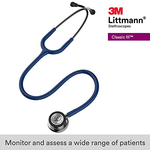 Image of 3M Littmann Classic III Monitoring Stethoscope, 5863, More Than 2X as Loud, Weighs Less, Stainless Steel Mirror-Finish Chestpiece, 27 inch Navy Blue Tube, Smoke Stem, and Headset (Pack of 3)