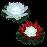 Cabilock 2 Stücke Lotus Laterne LED Schwimmend Floating Schwimmlaterne Laterne Wunschlichter Künstliche Seerosen Kerze für Gartenteich Aquarium Terrasse Pool Deko Weiß Rot