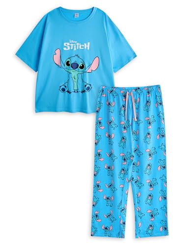Disney Lilo & Stitch Womens Pajama Set | Adults Stitch Graphic Top & Long Leg PJ in Blue Ladies Nightwear Cartoon Merchandise