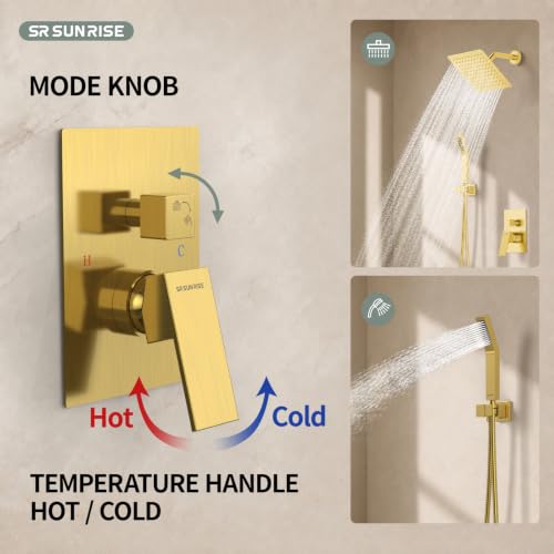 Image of SR SUN RISE Shower Faucet Set 8-Inch Rainfall Shower Head Brushed Gold