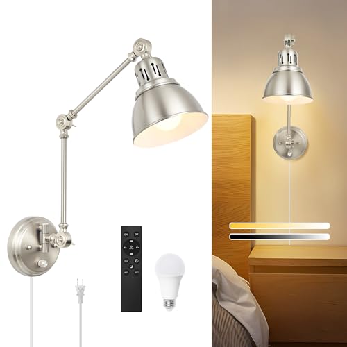 Image of GOODATE 1 Pack Plug in Wall Sconce with Remote, Dimmable, Adjustable Colors, Swing Arm Wall Lamp, Plug in Wall Light with Timer & Night Light (Brushed Nickel, with Bulb+Remote)