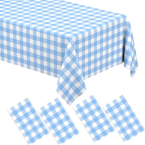 Image of 4 Pcs Light Blue Checkered Tablecloth Rectangular Pale Blue and White Gingham Tablecloths Disposable Plastic Plaid Table Cover for Parties, Outdoor Picnic, Birthday, Wedding, Camping 54 x 108 Inch