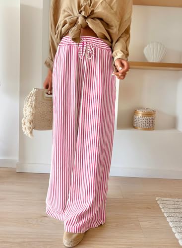 Image of Acelitt Women Casual Drawstring Elastic Waist Striped Wide Leg Pants with Pockets, S-XXL