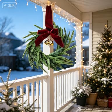 12 Inch Small Red Bow & Leaves Christmas Wreath for Front Door Decoration (Green) - image 4