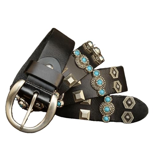Black Studded Belt for Men Women, Western Cowboy Cowgirl Belt with Turquoise Rivet, Punk Belts for Jeans Pants