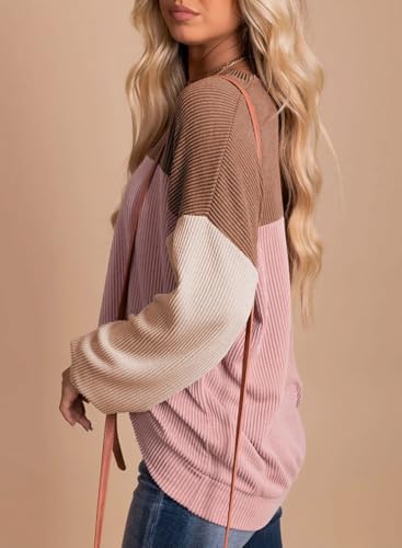 Image of Dokotoo Womens Tops Fashion 2026 Color Block Long Sleeve Shirts for Women Crewneck Knitted Casual Loose Blouses