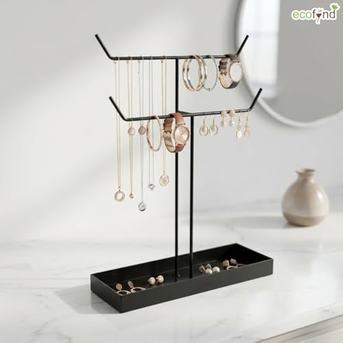Image of ecofynd 2-Tier Metal Jewelry Organizer Stand with 2 Hangers, 16-Inch Holder for Earrings, Necklaces, Bracelets & Rings, Space-Saving Display for Vanity, Dressing Table & Home (Black, JS010)