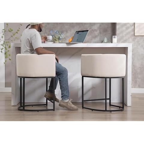 RIVOVA Contemporary Cream Linen Bar Stools Set of 2, 24" Upholstered Fabric Counter Height Barstools Kitchen Counter Island Stools with Black Metal Base, Cream Cover