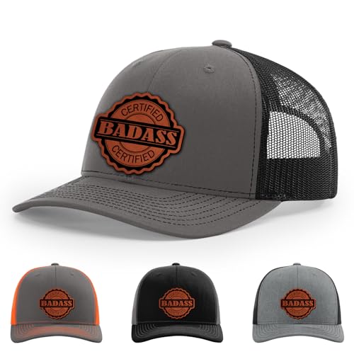 Certified Badass, Badass Hat, 112 Style Trucker Leather Patch Hat for Men & Women, 6 Panel Baseball Cap with Snapback Enclosure