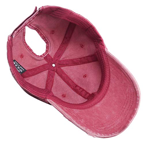 Leotruny Women Washed Cotton High Ponytail Baseball Cap (C06-Distressed Red) #TOP3