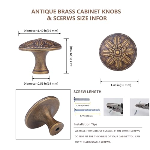 Image of 4 Pack Antique Brass Cabinet Knobs Vintage Dresser Knobs Drawer Knobs,1.4 inch Round Vintage Kitchen Cabinet Knobs Handles for Cabinets and Dresser Drawers Rustic