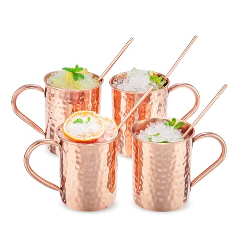 CopperStudio Drinkware Bundle- Classic Pure Copper Set of 04 Cylinder Mugs with 04-8-inch Long EcoSip Reusable Solid Copper Straws. Hammered finish. Food Safe. Eco-friendly.