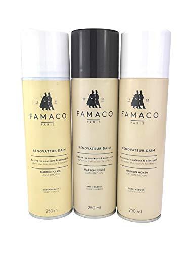 Famaco Nubuck Suede en Raulederspray Set-Braun 3-teilig 250 ML Donker Bruin Medium Bruin Licht Bruin