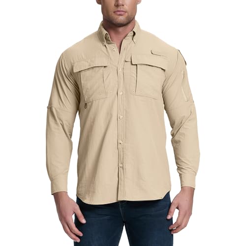 Riverruns UPF 50+ Men's Fishing Shirts Long Sleeve UV Protection Shirts Water-Repellent for Hiking, Fishing, Camping (Kahaki,Small)
