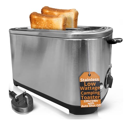 Vanilla Leisure - Toaster 2 Slice Low wattage Stainless Steel for Home Camping Caravanning Campervan or Motorhome 220v/240v with Auto Shut Off Crumb Tray Defrost & Reheat Perfect Toast Everytime.