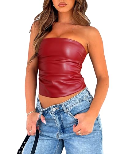 Women Faux Leather Top Sexy Ruched Strapless Tube Tops Club Party Rave Top Going Out Tops