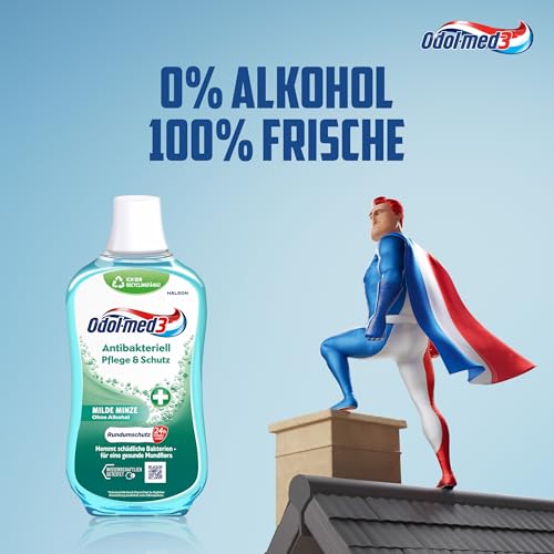 Odol-med3 Mundspülung Antibakteriell Pflege & Schutz, alkoholfreie Mundspülung, hemmt schädliche Bakterien und unterstützt dadurch eine gesunde Mundflora, 500ml