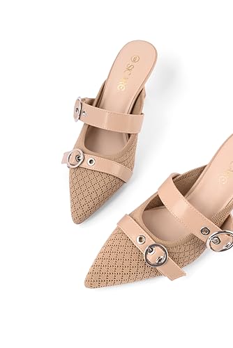 Kitten Heels Pumps for Women Closed Pointed Toe Knit Heeled Sandals Two Buckle Strap Slip-on Mule Sandal Dress Shoes Comfortable2