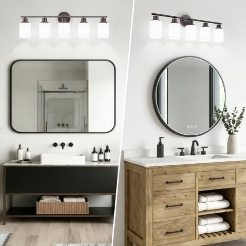 Image of 5-Light Bathroom Light Fixtures, Oil-Rubbed Bronze Gold Vanity Lights for Mirror with Textured Milky White Glass Shade, E26 Modern Kitchen Light Fixtures Wall Sconce Light