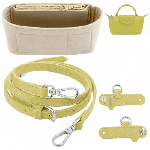 Image of Purse Organizer Insert & Leather Strap Conversion Kit Set, Compatible with Longchamp Le Pliage Mini Bag - Felt Inner Liner & Adjustable Shoulder Strap,Beige Insert & Lime Strap