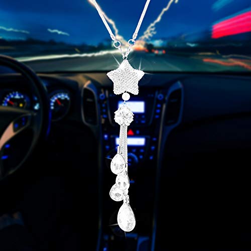 AEEIX Bling Car Accessories for Women and Men Pretty White Lucky Star Car Decoration Crystal Star Rear View Mirror Charm Rhinestone Diamond Sun Catcher Ornament Pendant (White Star Pendant)