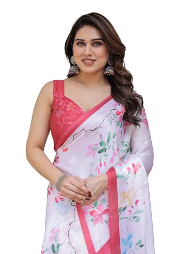 Image of ALMAARI FASHION Women's Floral Printed Georgette Satin Saree with Unstitched Blouse Piece | Traditional Ethnic Wear Sarees | Soft Lightweight Ethnic Office Wear Daily Wear Indian Sari (SG 181-190 SH)