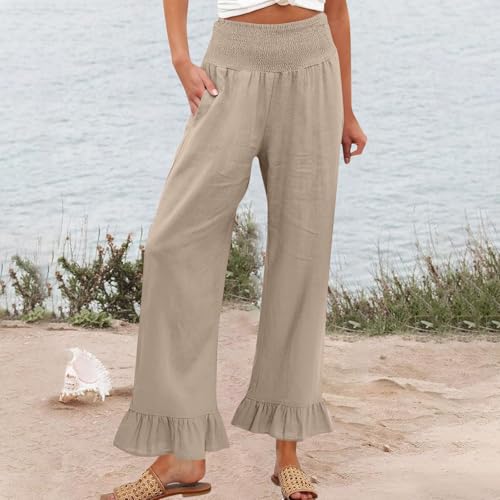 Image of Womens Linen Palazzo Pants Ruffle Hem Drawstring Boho Trousers Beach Travel Vacation Outfits