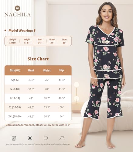 Image of NACHILA Bamboo Viscose Pajamas for Women Lace V Neck Capri Pants Pjs Set
