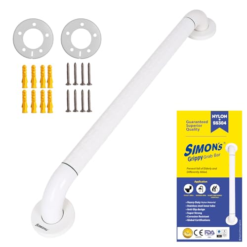 Image of Simon's Grippy Heavy-Duty Nylon and SS304 Inside Bathroom and Toilet Anti Slip Grab bar for Elderly Hand Railing and Safety Handle| White | 3.5 cm Broad, 60 cm Length Grab Rail - 1pcs