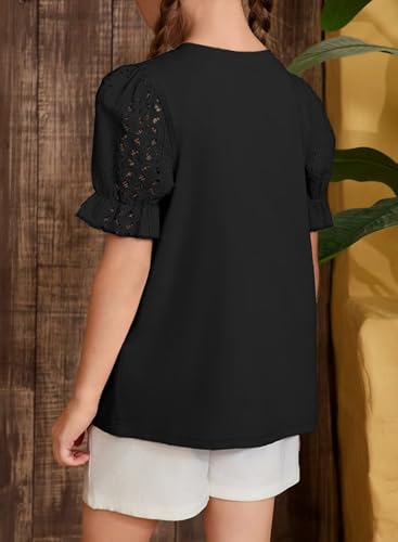 Image of DOKOTOO KIDS Girls Summer Shirts Cute Hollow Out Puff Short Sleeve Tops Casual Crewneck Tee Blouse 6-15 Years