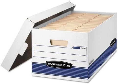 FELLOWES Manufacturing 70104 StorFile Storage Box, carta, tapa de bloqueo, blancoazul, 4cartón