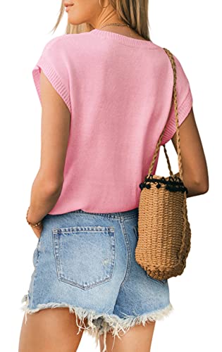 Image of Langwyqu Womens Cap Sleeve Tops Summer Crew Neck Shirt Lightweight Crochet Knit Sweater