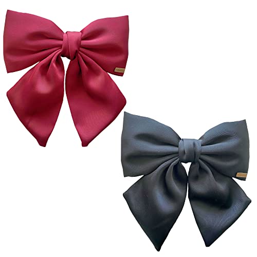 2 Pcs Burgundy Big Silky Satin Hair Bow Clips-Large Cranberry Red Black Hair Bows With Long Tail Dark Red Barrette Hair Bowknot For Girls Women Winter Holiday Christmas New Year Valentines Headdress #TOP10