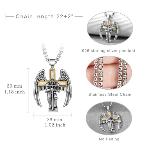 St. Michael Pendant for Men - 925 Sterling Silver Cross Archangel Necklace - Saint Michael the Archangel Jewelry - Catholic Gift for Him - 22+2" Chain4