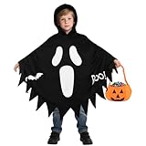Disfraz de fantasma para niños con capa brillante, disfraz de Halloween para niños con capa de fantasma negra con capucha y bolsa de calabaza, cara de fantasman Boo,carnaval y cosplay, de 8 a 12 años
