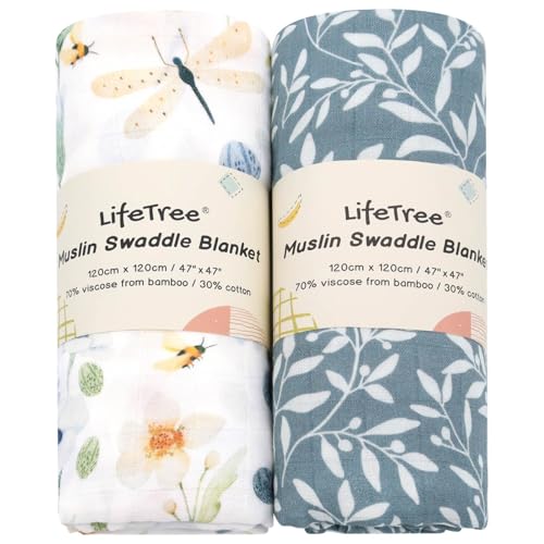 Image of LifeTree Baby Swaddle Blankets, Boys Girls Muslin Swaddling Wrap Receiving Blanket for Newborn, 70% Viscose from Bamboo and 30% Cotton, Large 47 inch x 47 inch, Blue Floral and Leaf