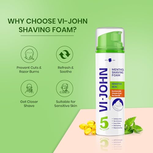 Image of VI- JOHN Shaving Foam For Men, Menthol Shaving Foam With Goodness of Nature, Tea Tree Oil, Vitamin E Enriched and Anti- Bacterial Formula (200GM, Pack of 1)